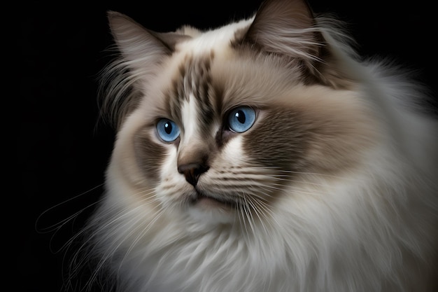 Un primer plano de un gato ragdoll con ojos azules