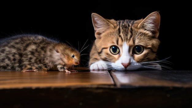 Un primer plano de gato y ratón en la mesa con fondo negro