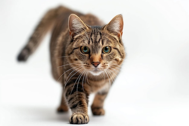 Un primer plano de un gato a rayas marrones caminando sobre un fondo blanco