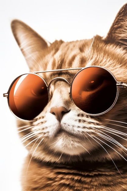 Primer plano de un gato rojo de cabeza con gafas de sol redondas sobre un fondo blanco