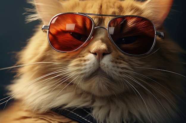 Primer plano de un gato rojo con gafas de sol en la calle profundidad de campo poco profunda Retrato de un gato pelirrojo con gachas de sol generado por IA