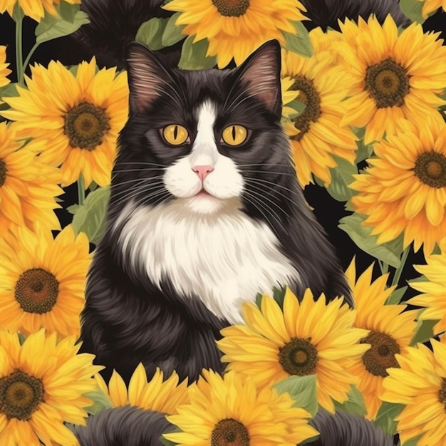 Un primer plano de un gato sentado en un campo de girasoles