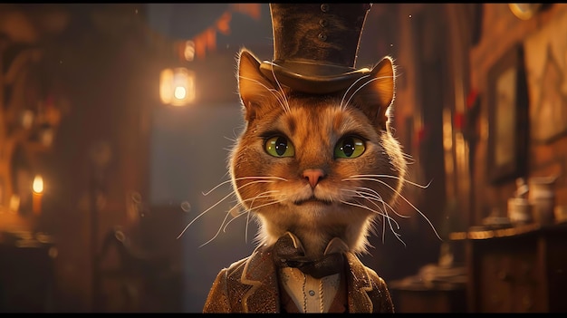 Un primer plano de un gato con un sombrero y una pajarita El gato tiene ojos verdes y una expresión curiosa en su cara