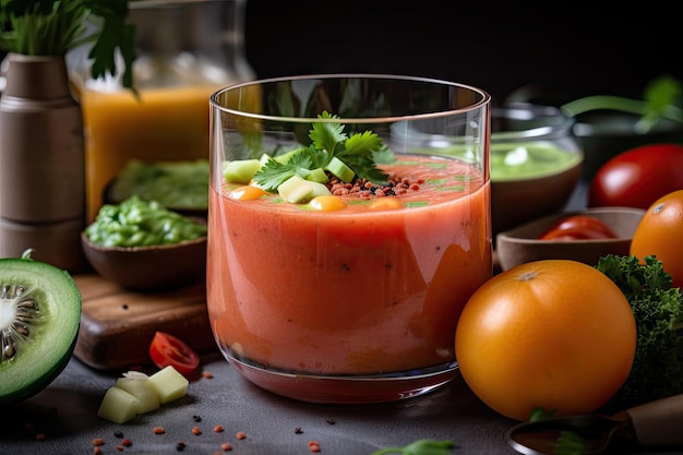 Primer plano de gazpacho con ingredientes visibles y brillantes