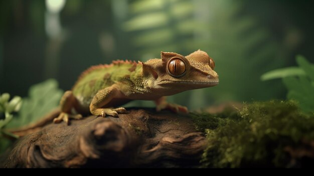 Foto primer plano de un gecko crestado sentado en una rama de un árbol contra un fondo borroso ia generativa