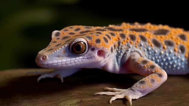 Primer plano de un gecko Tokay manchado en la mesa