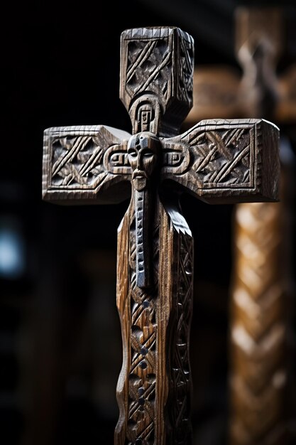 Primer plano generado por IA de una antigua cruz religiosa de madera en una pose de oración