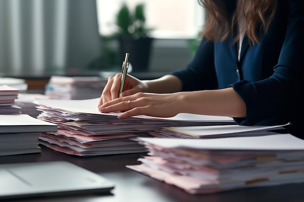 Primer plano generado por IA de la mano del hombre que trabaja en la pila de archivos de documentos para el informe comercial