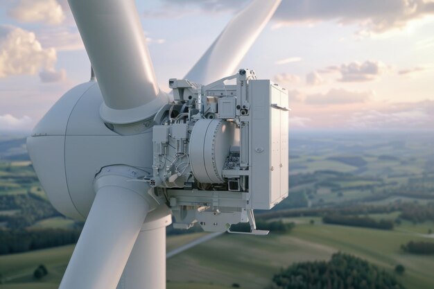 Un primer plano de un generador de molino de viento que demuestra la potencia y la belleza de la energía renovable