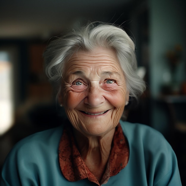 Primer plano generativo de la IA de la mirada de felicidad de una mujer anciana sonriente