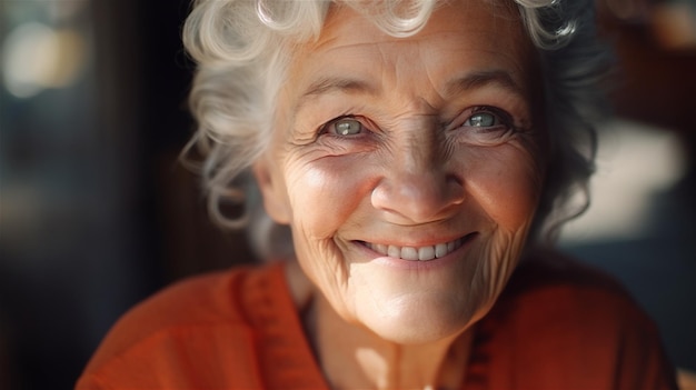 Primer plano generativo de la IA de la mirada de felicidad de una mujer anciana sonriente