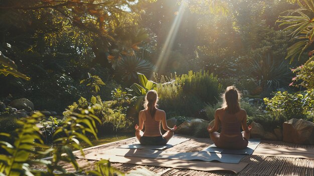 Foto un primer plano de una gente practicando yoga y meditación en un entorno sereno y tranquilo de la naturaleza