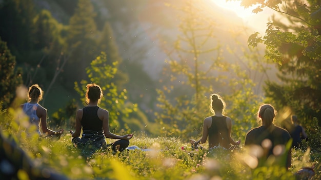 Foto un primer plano de una gente practicando yoga y meditación en un entorno sereno y tranquilo de la naturaleza