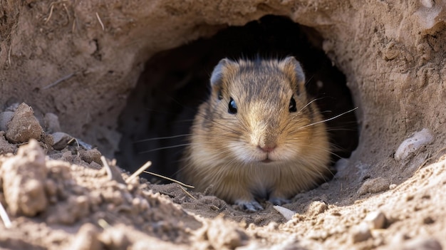 Primer plano de un gerbil mongol esponjoso anidado dentro de su madriguera parcialmente cubierta tomando un momento para