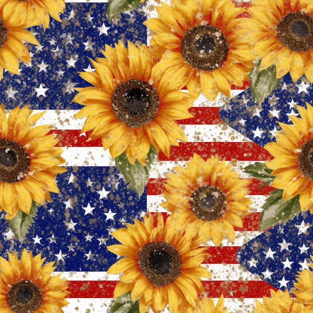 Un primer plano de un girasol en una bandera de los Estados Unidos de fondo generativo ai