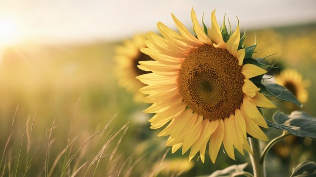 Un primer plano de girasol en flor en el campo con un fondo de naturaleza borroso