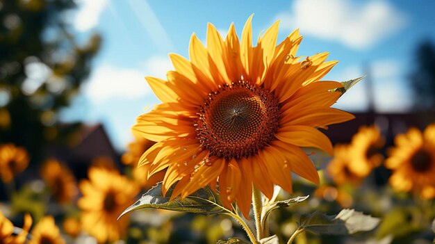 Primer plano de girasol en flor con efecto de luz solar en el lado de la flor