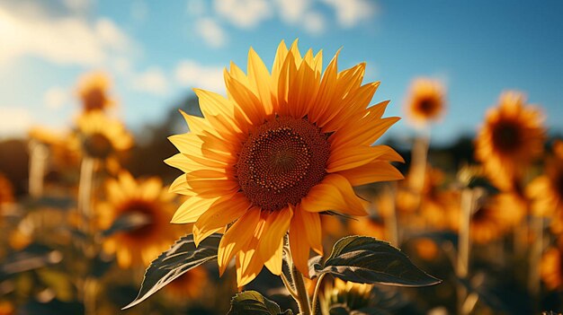 Primer plano de girasol en flor con efecto de luz solar en el lado de la flor