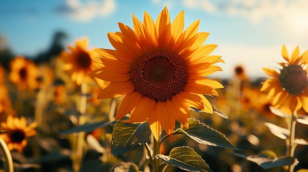 Primer plano de girasol en flor con efecto de luz solar en el lado de la flor