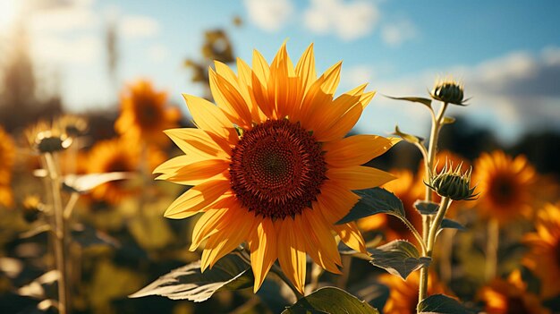 Primer plano de girasol en flor con efecto de luz solar en el lado de la flor