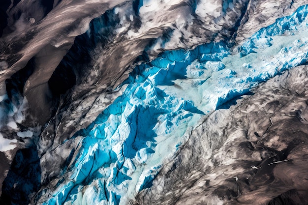 Un primer plano de un glaciar con hielo azul en el centro