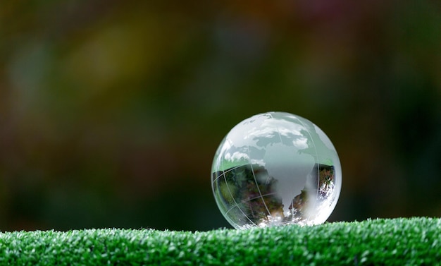 Primer plano del globo de cristal descansando sobre la hierba en un concepto de entorno forestal