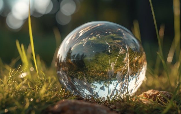 primer plano de un globo de cristal descansando sobre la hierba bajo el sol en el fondo de la naturaleza