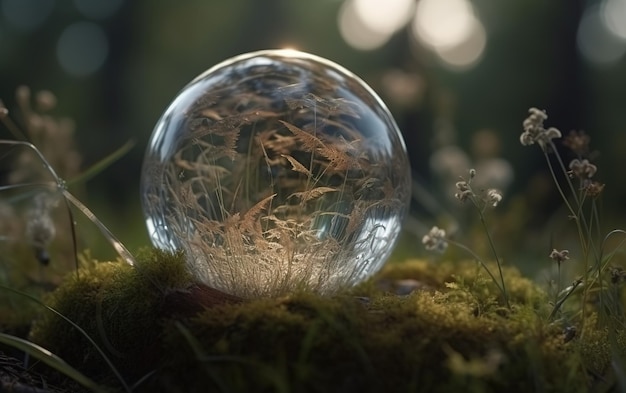 primer plano de un globo de cristal descansando sobre la hierba bajo el sol en el fondo de la naturaleza