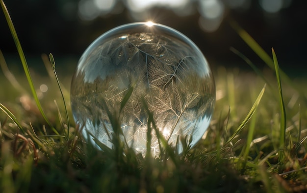 primer plano de un globo de cristal descansando sobre la hierba bajo el sol en el fondo de la naturaleza