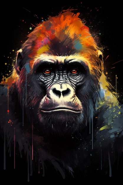 Un primer plano de un gorila con un fondo negro y una salpicadura de pintura colorida generativa ai
