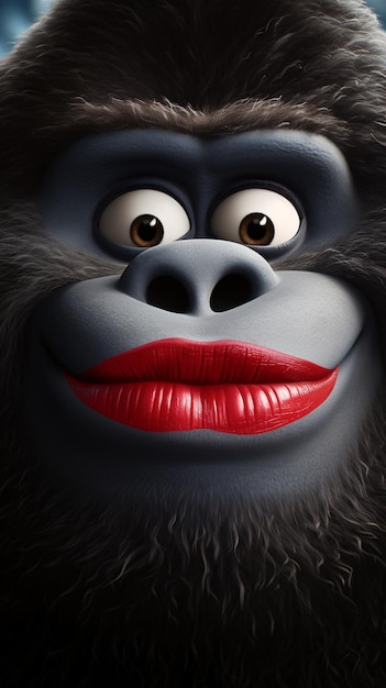 un primer plano de un gorila con un labio rojo y una sonrisa falsa