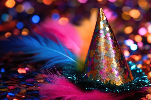Primer plano de un gorro de fiesta de Año Nuevo con lentejuelas de colores y una borla vibrante IA generativa