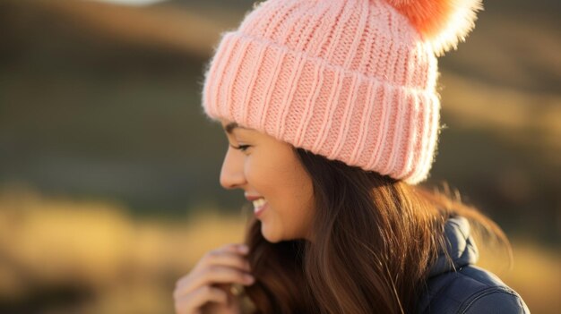 Foto un primer plano de un gorro de punto de color pico con un pompon lúdico en la parte superior