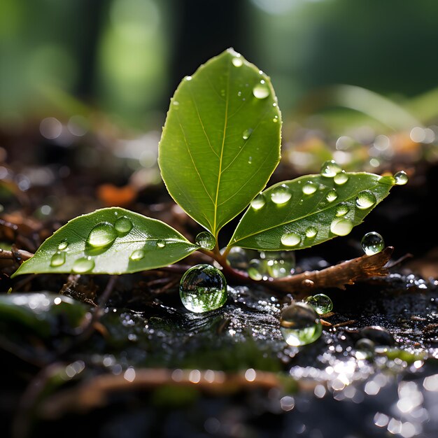 Un primer plano de una gota de lluvia a punto de caer de una hoja