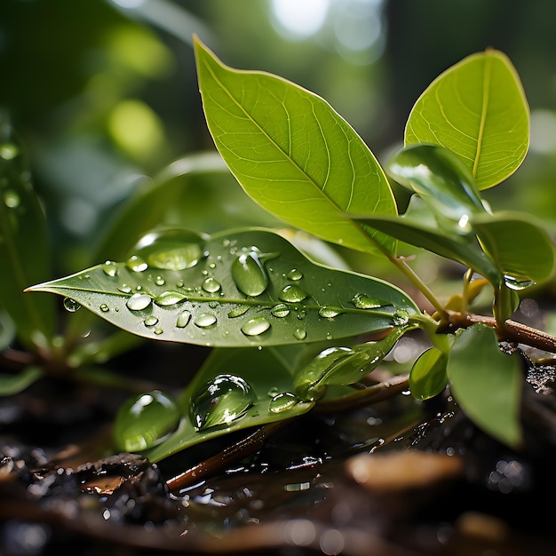 Primer plano de una gota de lluvia a punto de caer de una hoja