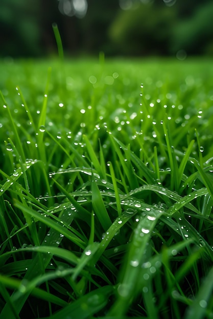 Un primer plano de una gota de rocío en la hierba verde vibrante AI genera ilustración