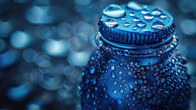 Primer plano de gotas de agua en una botella de acero inoxidable refrigerada que refleja un cielo azul sereno con fondo de color sólido 4k ultra hd