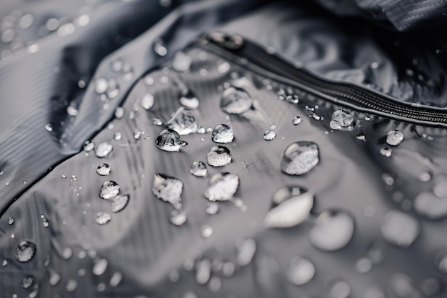 Primer plano de gotas de agua en una chaqueta impermeable para corredores