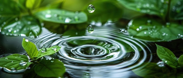 Primer plano de gotas de agua dulce en hojas verdes vibrantes que causan un efecto de onda en el agua