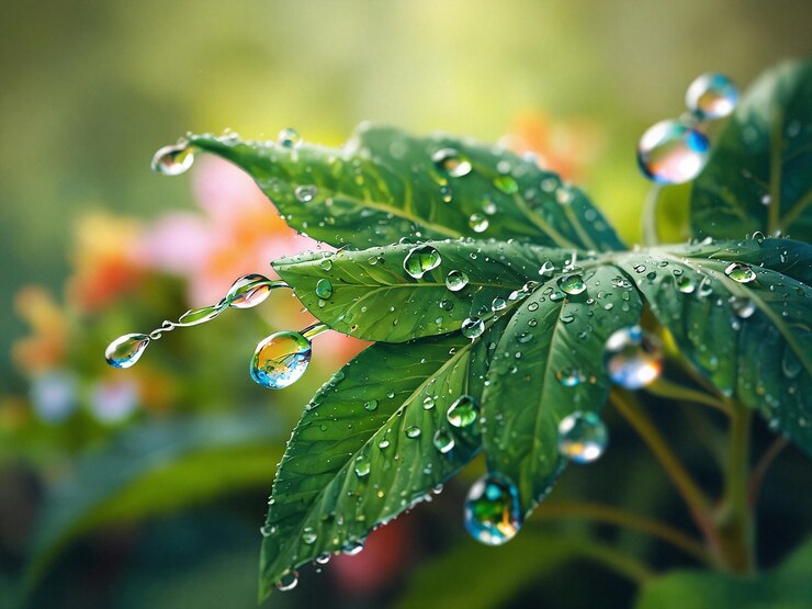 Un primer plano de las gotas de agua en una hoja verde vibrante