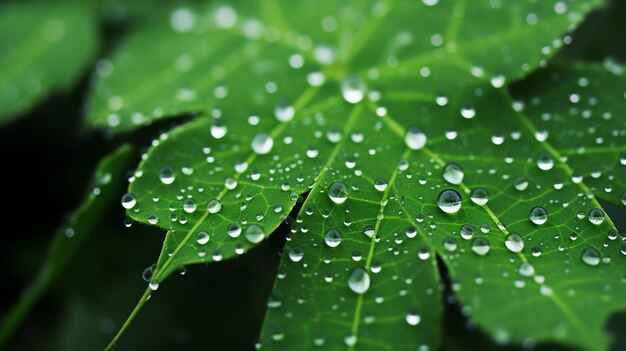 un primer plano de gotas de agua en una hoja