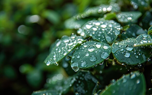 Un primer plano de gotas de agua en las hojas