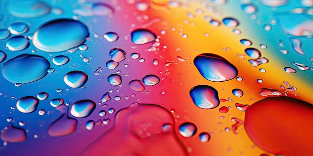 Primer plano de gotas de agua multicolores en la superficie Agua en el papel tapiz Para banner, postal, libro, ilustración, tarjeta, AI, generativo