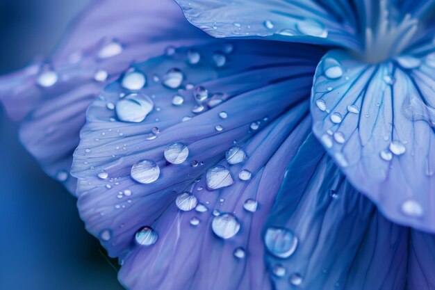 Un primer plano de las gotas de agua en un pétalo de flor azul