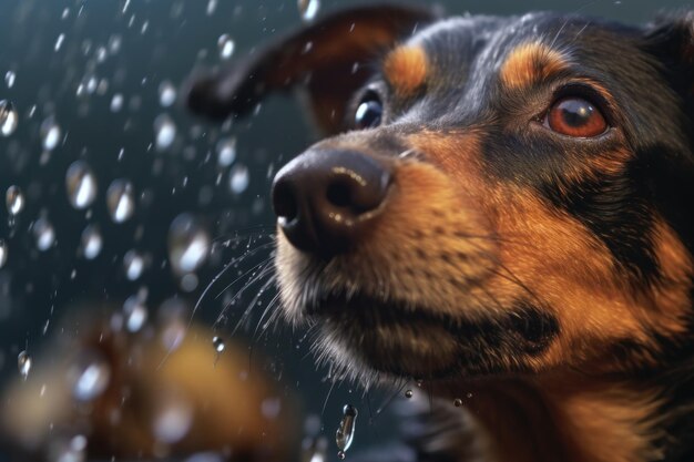 Primer plano de gotas de agua que vuelan desde una piel de perros mojados creada con ai generativa