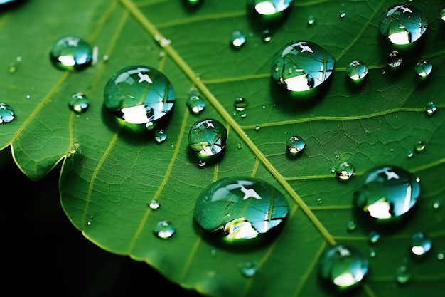 Primer plano de gotas de agua sobre una hoja capturando las refracciones y reflejos abstractos