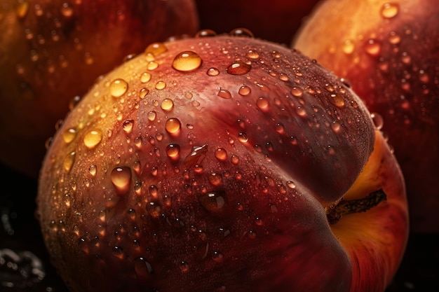 Un primer plano de gotas de agua sobre un melocotón