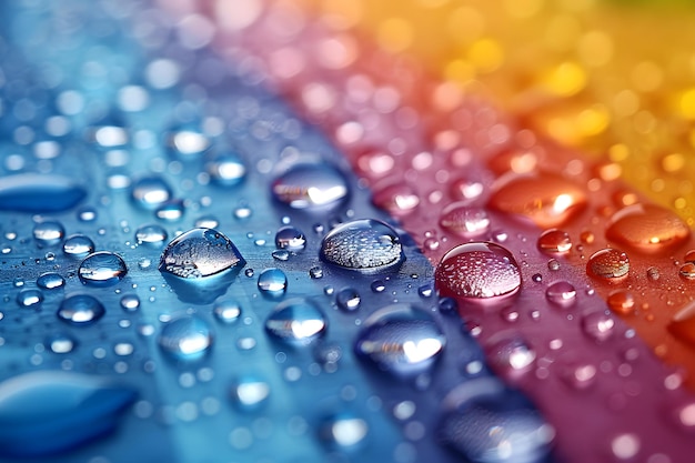 Un primer plano de gotas de agua en una superficie de color arco iris