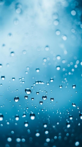 un primer plano de gotas de agua en una ventana con un cielo azul en el fondo