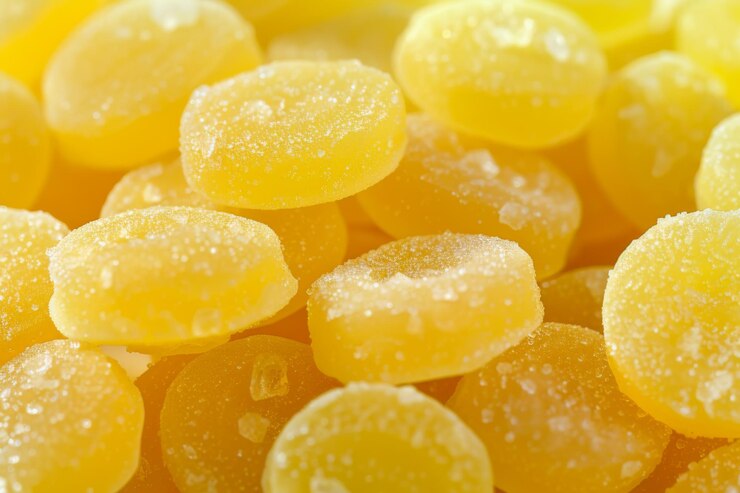 Primer plano de gotas de caramelo amarillas con sabor a limón recubiertas de cristales de azúcar bien dispuestas y que brillan bajo una luz brillante